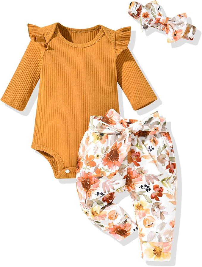Aalizzwell Preemie Newborn Infant Baby Girls Clothes Ribbed Romper Bodysuit Pants Set Fall Winter Outfits