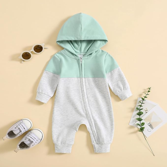 Newborn Baby Boy Fall Outfit Romper Long Sleeve Hooded Contrast Color Zipper Onesie Jumpsuit Bodysuit Infant Clothes