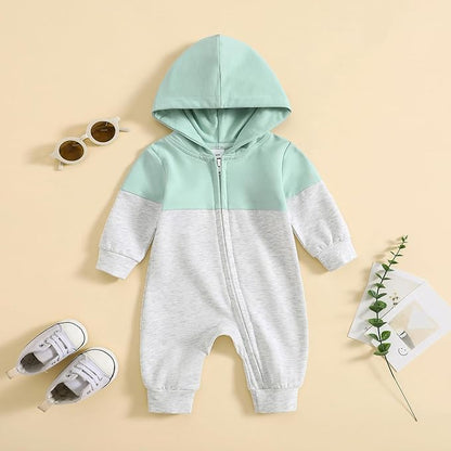 Newborn Baby Boy Fall Outfit Romper Long Sleeve Hooded Contrast Color Zipper Onesie Jumpsuit Bodysuit Infant Clothes