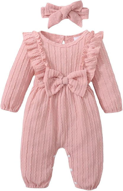 Happy Town Baby Girl Romper Infant Fall Winter Clothes Ruffle Sweater Long Sleeve Bodysuit Jumpsuit and Headband