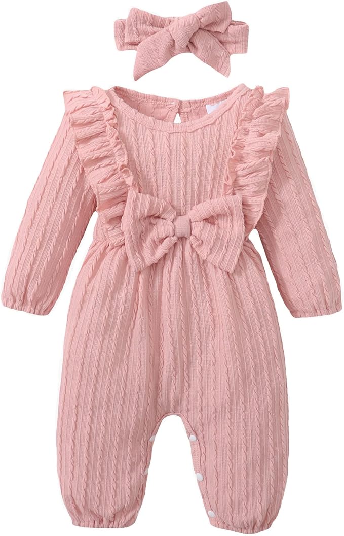 Happy Town Baby Girl Romper Infant Fall Winter Clothes Ruffle Sweater Long Sleeve Bodysuit Jumpsuit and Headband