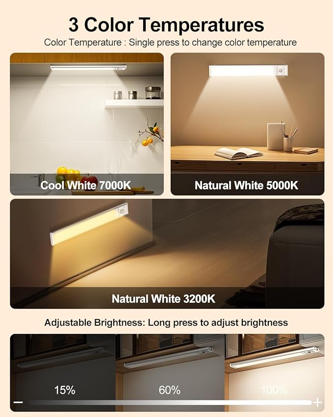 Under Cabinet Lighting, LED Motion Sensor Light Indoor with 3 Color Dimmable, 4000mAh Battery Operated Closet Lights Rechargeable Lamp, Magnetic Under Counter Night Lights Used in Cabinet (16 inches)