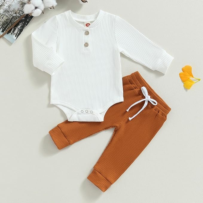 Newborn Baby Boy Girl Clothes Ribbed Knitted Long Sleeve Romper Pants Solid Cotton Infant Fall Winter Outfits 2Pcs