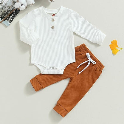 Newborn Baby Boy Girl Clothes Ribbed Knitted Long Sleeve Romper Pants Solid Cotton Infant Fall Winter Outfits 2Pcs