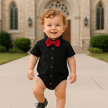 SOBOWO Baby Boys Dress Shirt Onsie Infant Short Sleeve Button Down One-Piece Romper Formal Wedding Gentleman Outfits 0-24M