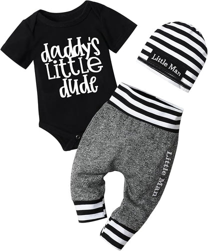 Fommy Newborn Baby Boy Clothes New to The Crew Letter Print Romper+ Pants+Hat 3PCS Outfit