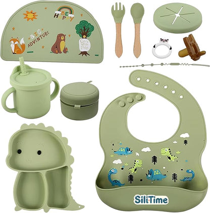 SiliTime Dinosaur-Themed Silicone Baby Feeding Set – Suction Mat with Food Catcher & Pacifier – 8-Piece BPA-Free Toddler Mealtime Essentials for Baby-Led Weaning
