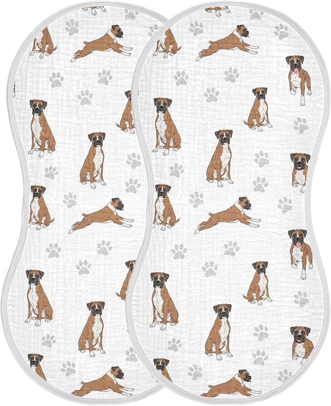2 Pack Muslin Burp Cloths Boxer Dogs White Cotton Baby Burp Cloths Ultra Absorbent and Soft Burping Cloth for Baby Boys Girls 22x11 Inch
