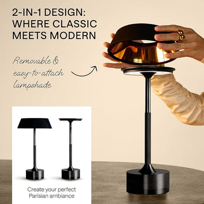 LED Cordless Table Lamp - Rechargeable Light for Home, Bedside, Kitchen - Small Dimmable Tap Lights - Battery Powered Touch Lamp for Desk Wireless - Black and Gold Lamp Shades, IP44, USB Type C Cable