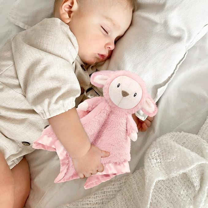 Lamb Security Blanket for Babies, Super Soft Fluffy Snuggle Toy for Newborn Boys and Girls, Stuffed Animal, Pink 13.5 Inch