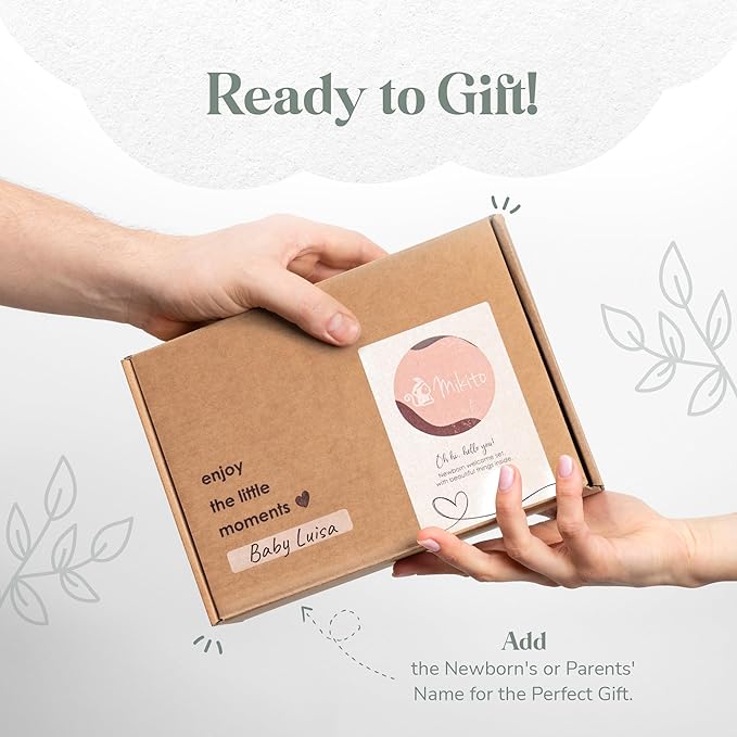 Mikito Organic Cotton Newborn Gift Box, Unisex Baby Gifts Including Muslin Lovey Comforter, Bandana Bib, Wooden Teether & Birth Announcement Sign