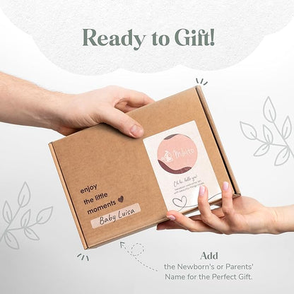 Mikito Organic Cotton Newborn Gift Box, Unisex Baby Gifts Including Muslin Lovey Comforter, Bandana Bib, Wooden Teether & Birth Announcement Sign