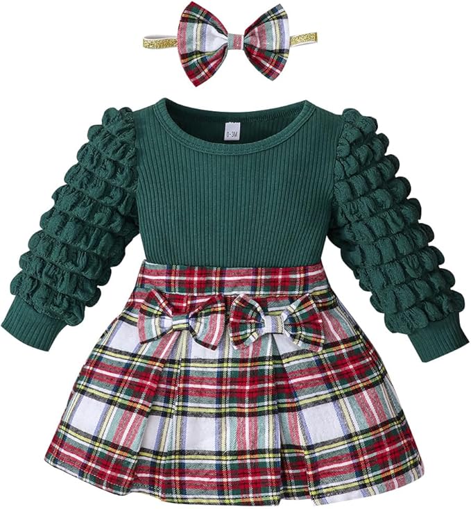 Toddler Baby Girl Plaid Dress Puff Sleeve Bow Patchwork Ribbed Shirts Dress Plaid Fall Winter Outfits with Headband