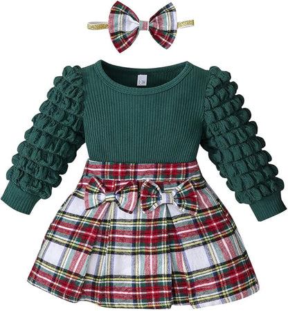 Toddler Baby Girl Plaid Dress Puff Sleeve Bow Patchwork Ribbed Shirts Dress Plaid Fall Winter Outfits with Headband