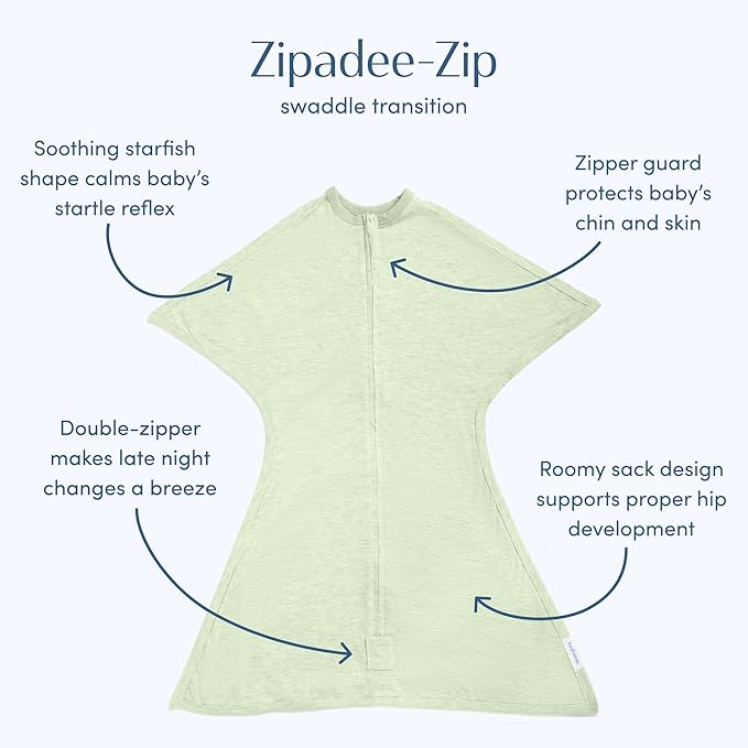 SleepingBaby Zipadee-Zip Transition Swaddle - Cozy Baby Swaddling Blanket with Zipper Convenience - Roomy Wearable Blanket for Easy Diaper Changes - 4-8 Month - Zen Garden Green Heather