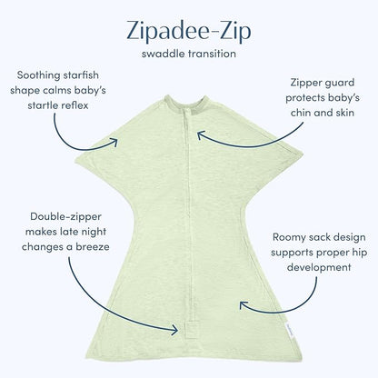 SleepingBaby Zipadee-Zip Transition Swaddle - Cozy Baby Swaddling Blanket with Zipper Convenience - Roomy Wearable Blanket for Easy Diaper Changes - 4-8 Month - Zen Garden Green Heather