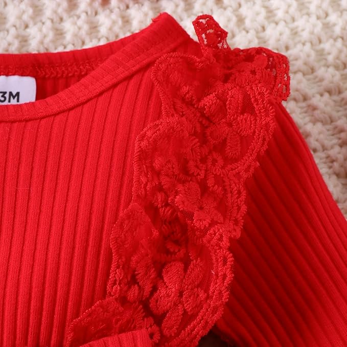 Newborn Christmas Outfit Baby Girl Plaid Romper Dress Infant Ruffle Long Sleeve Ribbed Bodysuit Headband Clothes