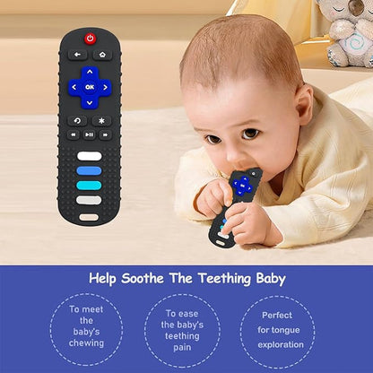 Baby Teething Toys, Food Grade Silicone Teether for Babies 3 6 12 18 Months, TV Remote Shape Toddlers Chew Toys, Freezer BPA Free (Black+Blue)