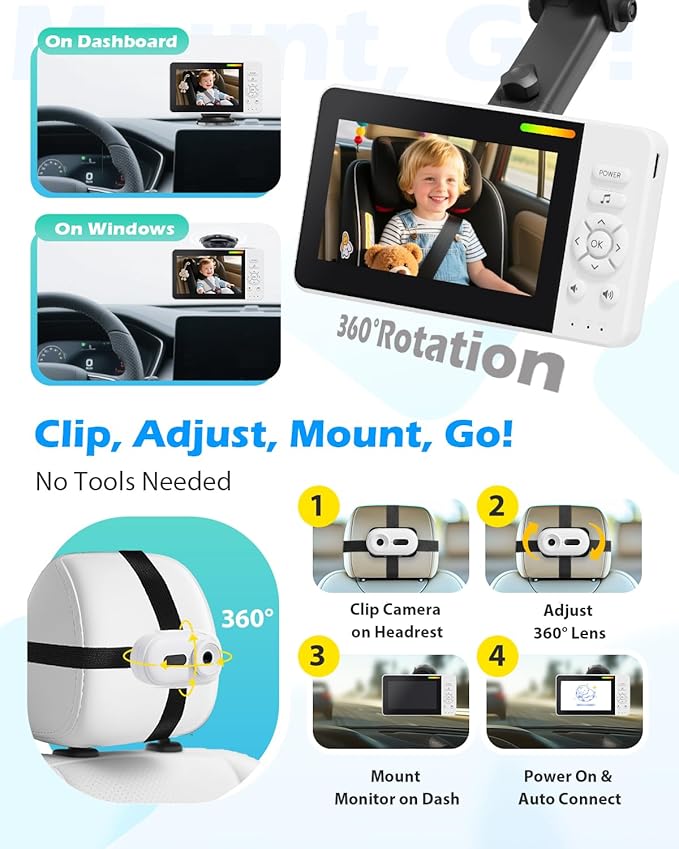 Wireless Baby Car Camera with Upgraded Auto Night Vision, 1080P HD Car Baby Monitor with 360° Adjustable, Easy Install Rear Facing Carseat Mirror, Newborns Travel Essentials Gifts - White