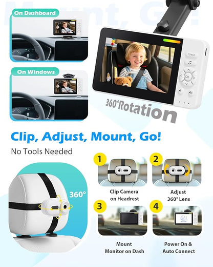 Wireless Baby Car Camera with Upgraded Auto Night Vision, 1080P HD Car Baby Monitor with 360° Adjustable, Easy Install Rear Facing Carseat Mirror, Newborns Travel Essentials Gifts - White