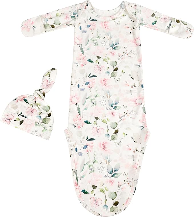Newborn Baby Sleeper Gown - Knotted Nightgown Coming Home Outfits for Baby Girl - 2-Piece Set With Hat