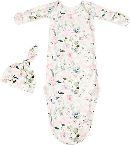 Newborn Baby Sleeper Gown - Knotted Nightgown Coming Home Outfits for Baby Girl - 2-Piece Set With Hat