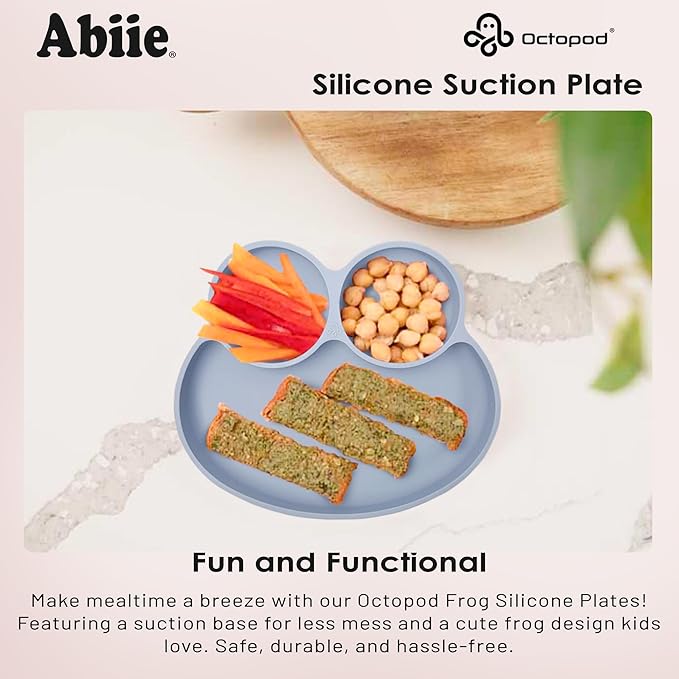 Abiie Octopod Frog Silicone Plates with Suction - Spill Proof, Easy to Clean - BPA-Free Bowl - Suction Plates for Baby and Toddler - Training & Feeding Divided Grip Dish (Baby Blue)