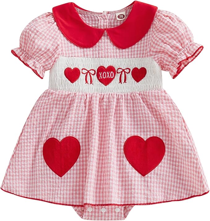 Baby Girl Valentines Day Outfit Newborn Romper Dress Heart Embroidery Puff Short Sleeve Plaid Skirt Hem Jumpsuit