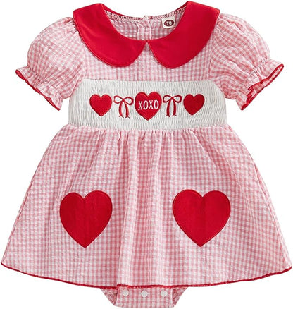 Baby Girl Valentines Day Outfit Newborn Romper Dress Heart Embroidery Puff Short Sleeve Plaid Skirt Hem Jumpsuit