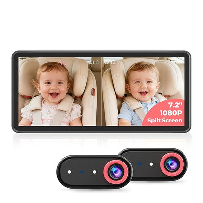 BM5PRO 7.2" Dual Camera Baby Monitor, 1080P HD Display for 2 Kids, Night Vision, Easy Install Car Baby Monitor, Ideal Gift, Rear Seat Safety for Babies & Pets