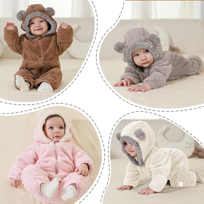 Newborn Baby Bear Outfit Suit With Fold-Over Mittens Footies Girls Boys Winter Fleece Clothes Hooded Romper Snowsuit