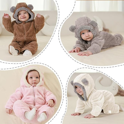 Newborn Baby Bear Outfit Suit With Fold-Over Mittens Footies Girls Boys Winter Fleece Clothes Hooded Romper Snowsuit