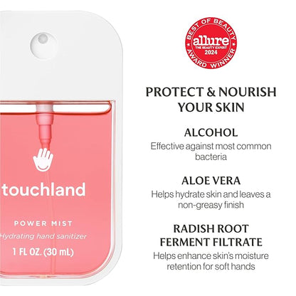 Touchland JUICY ESCAPE Body and Hand Mist Essentials (Lush Tropicale Body & Hair Fragrance Mist, 2 FL. OZ. + Wild Watermelon Hydrating Hand Sanitizer Spray 1FL.OZ.), Travel Size Set