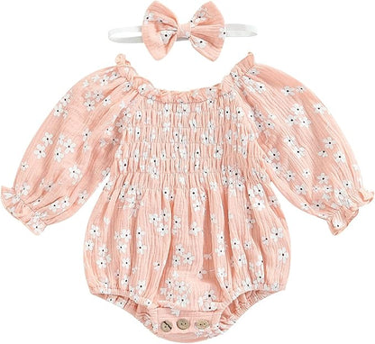 2pcs Infant Baby Girls Romper Dress Headband Long Sleeve Clothing Flowers Newborn Boho Girl Outfit Jumpsuit Clothes