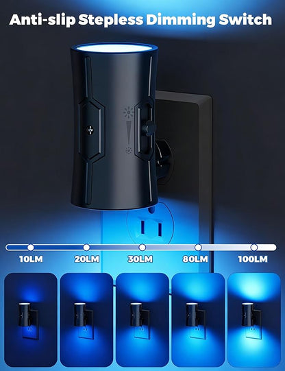 Night Light, 2-Pack Dimmable Plug-in Night Light with Auto On/Off & 90°Rotatable Plug, 0-100LM Adjustable Brightness, 1W Ultra Low Energy for Bedroom, Hallway, Bathroom, Nursery, Kids, Blue