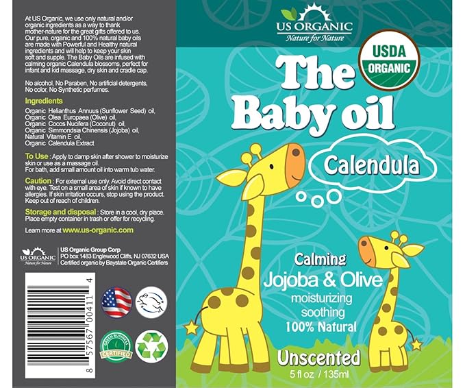 US Organic Baby Oil with Calendula, Jojoba, and Olive Oil with Vitamin E, USDA Certified Organic, No Alcohol, Paraben, Artificial Detergents, Color, Synthetic Perfumes, 5 fl. Oz (Pure Unscented)