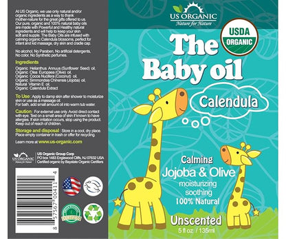 US Organic Baby Oil with Calendula, Jojoba, and Olive Oil with Vitamin E, USDA Certified Organic, No Alcohol, Paraben, Artificial Detergents, Color, Synthetic Perfumes, 5 fl. Oz (Pure Unscented)
