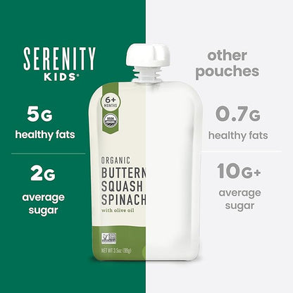 Serenity Kids 6+ Months Veggie Puree Baby Food Pouches - USDA Organic BPA-Free Allergen-Free Pouches - No Added Sugar Toddler Snack - Spinach & Squash Baby Puree - 3.5 Oz, Pack of 6