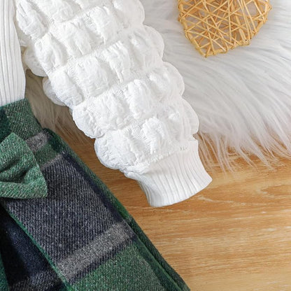 Toddler Baby Girl Plaid Dress Puff Sleeve Bow Patchwork Ribbed Shirts Dress Plaid Fall Winter Outfits with Headband