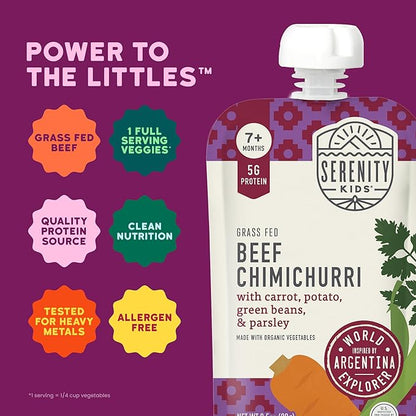 Serenity Kids 7+ Months Baby Food Pouches - Beef Chimichurri 3.5 oz Pack of 12-5g Protein Nutrient-Packed Meat Snacks - BPA-Free Organic Veggie Pouches - On-the-Go Toddler Snacks & Baby Essentials