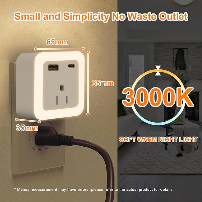 JackonLux Night Lights Plug Into Wall 2 Pack Rechargeable Battery Backup Light Dusk to Dawn Sensor Night Light with Outlet Expander for Adults Kids Bedroom, Kitchen, and Bathroom (Soft White - 3000K)