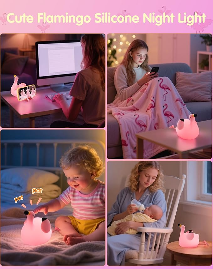 YISUN Flamingo Night Light for Kids, Soft Silicone Nursery Night Lamp Rechargeable LED Bedside Lamp with Timer, 3 Level Dimmable Cute Night Lights for Bedroom, Living Room, Dining, Gift