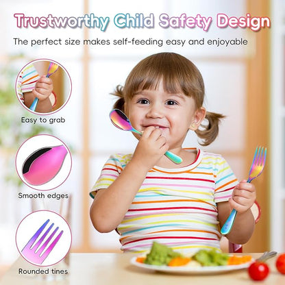 10 Pieces Stainless Steel Rainbow Toddler Utensils Set - Food Grade Kids Silverware Set Children Safe Small Forks and Spoons Mirror Polished Sturdy and Durable Dishwasher Safe