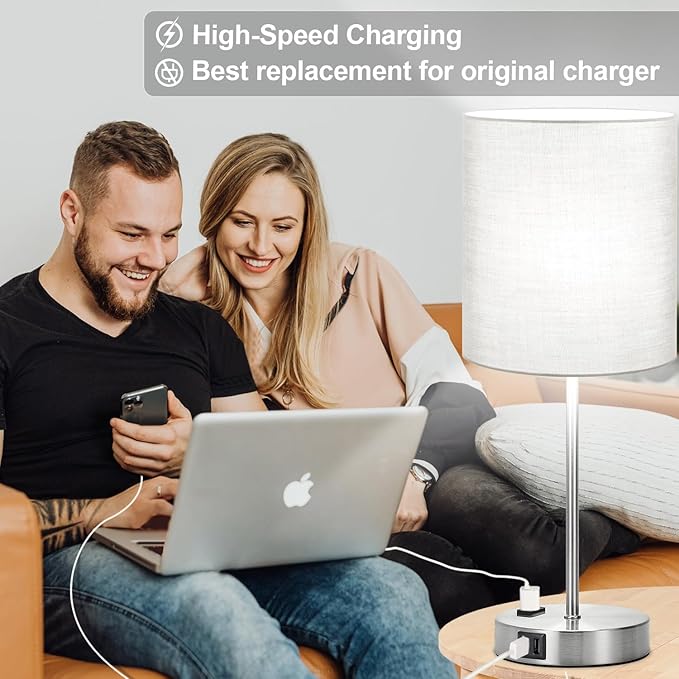 Set of 2 Grey Touch Control Table Lamps with 2 USB Ports & AC Outlet, 3-Way Dimmable Bedside Nightstand Lamps, Desk Lamp for Bedroom Living Room Nursery, 800 Lumens 5000K Daylight Bulbs Included