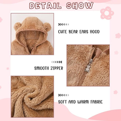 Baby Toddler Boys Girls Fleece Jacket with Hood Zip Up Cute Bear Coats for Infant Boys Girls Fuzzy Jacket with Ear 1-5T