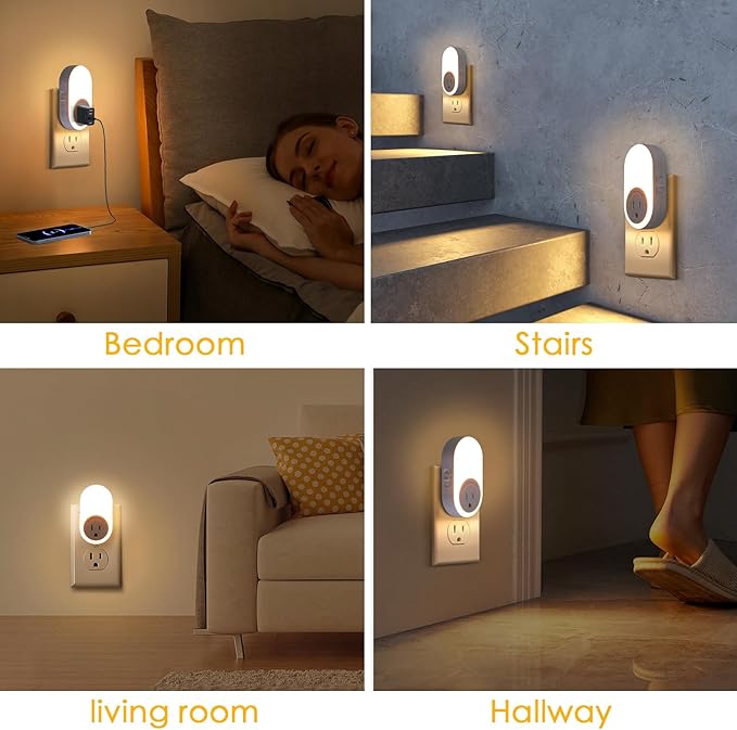 Dawnrise Night Lights Plug Into Wall,Dusk to Dawn Sensor Night Light with Power Outlet,CCT 2200K/4000K,5/20LM Adjustable Brightness for Bedroom,Kitchen,Living Room,Office (4 PK)