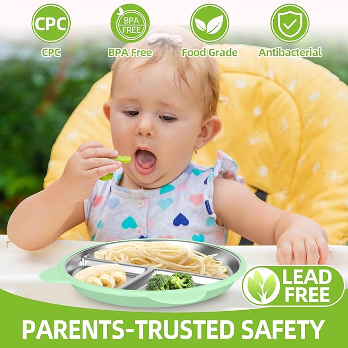 4 Pack Stainless Steel Toddler Plates with Suction - 9" Kids Divided Plates Removable Silicone Sleeves for Baby Led Weaning, Bear Ear Design Non Slip BPA-Free Dishwasher Safe