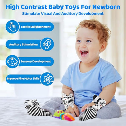 Baby Rattle Socks & Wrist Toys for Newborns, 0-12 Months, High Contrast Black & White Toys for Brain Development, Infant Gift Boy and Girl