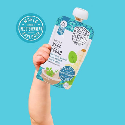 Serenity Kids 7+ Months World Explorers Beef Kebab Baby Food Pouches - 3.5 oz, Pack of 6-5g Protein Baby Food with Meat - Snack with Grass-Fed Beef & Veggies - Convenient On-The-Go Toddler Snacks