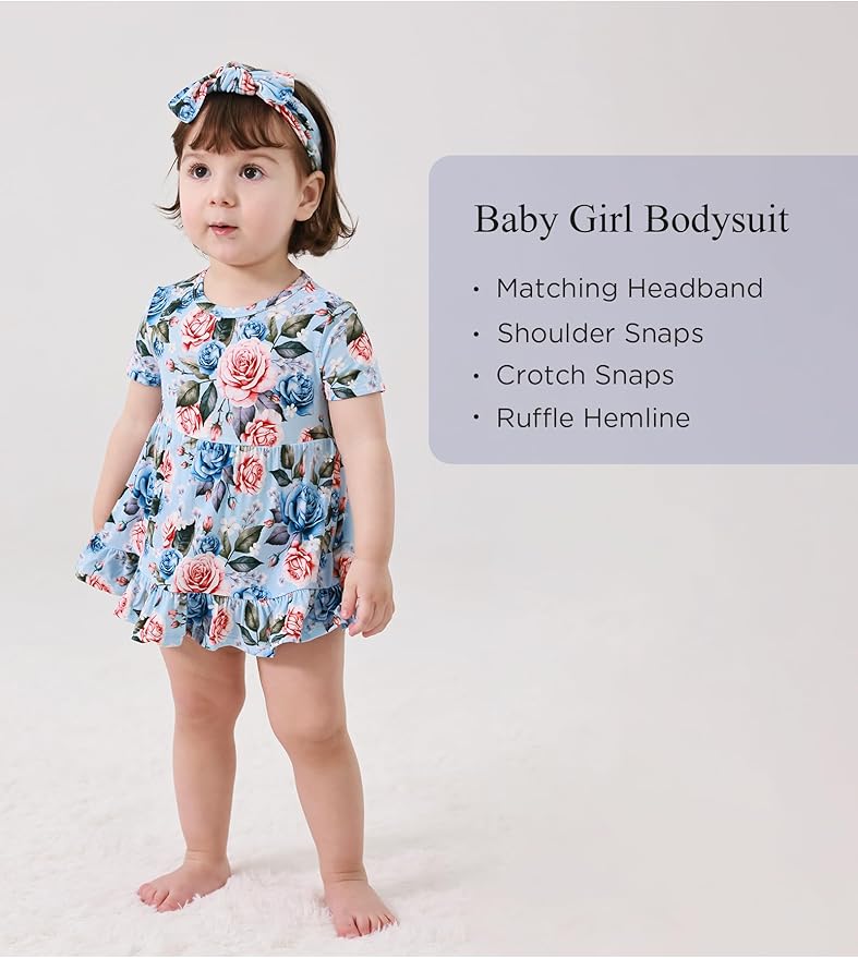 Infant Baby Girl Bodysuit Dress with Hairband Set, Bamboo Viscose Summer Clothes Outfit